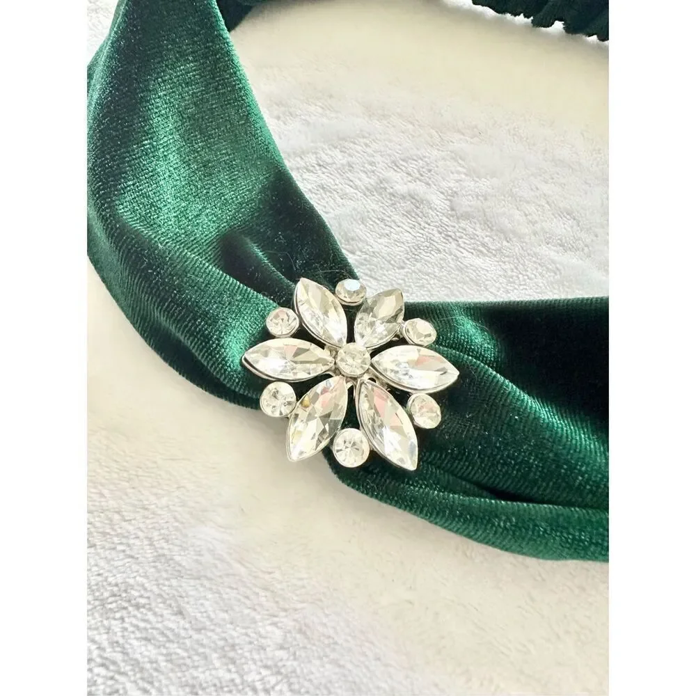 Emerald Green jeweled headband with rhinestone brooch - perfect for Christmas an